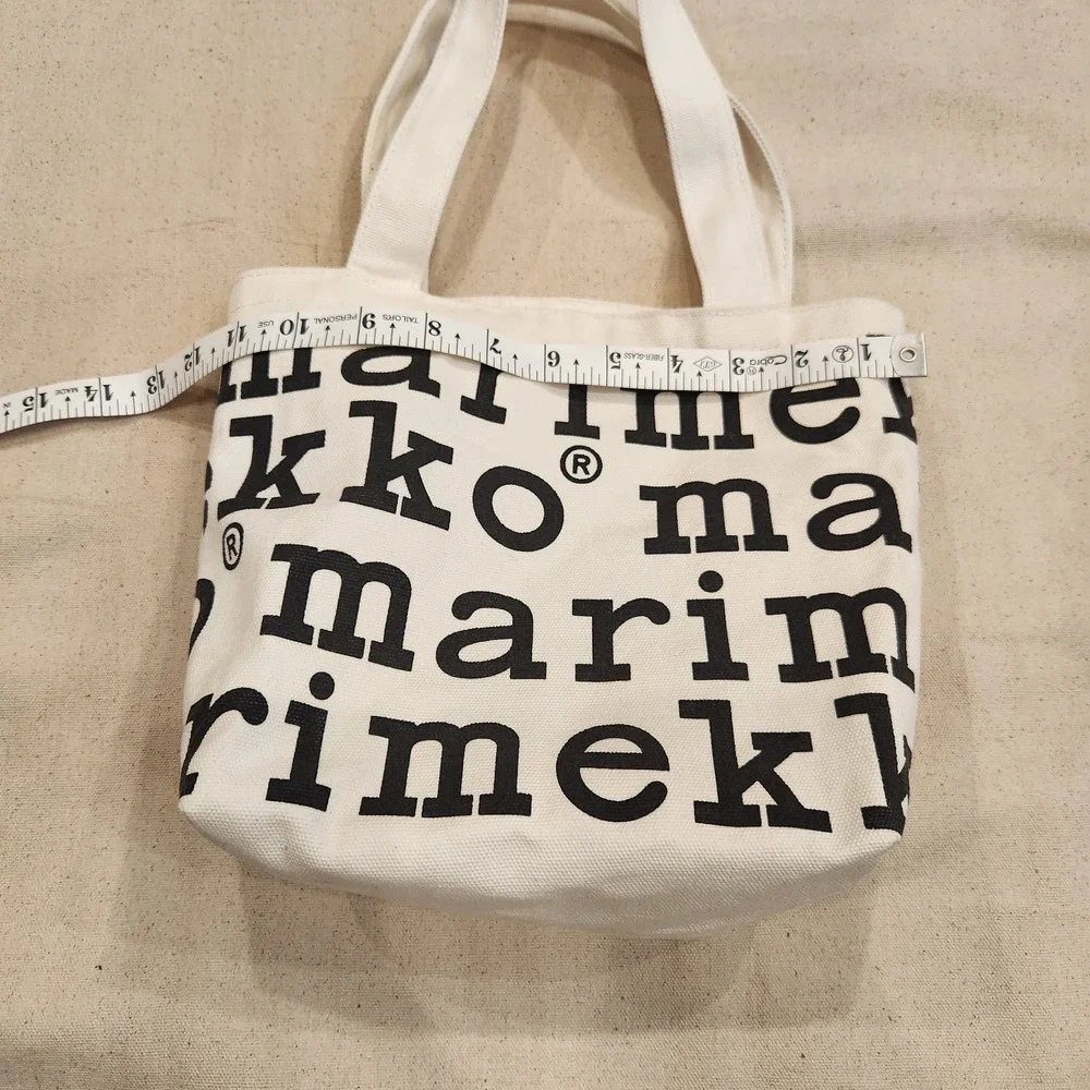 New Marimekko Canvas Tote Bag White Black Logo Lettering Print Small Mini